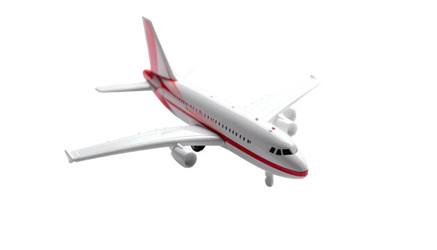 A pristine white passenger jet, accented with bold red stripes along its fuselage and tail, is presented in a three-quarter view against a black background