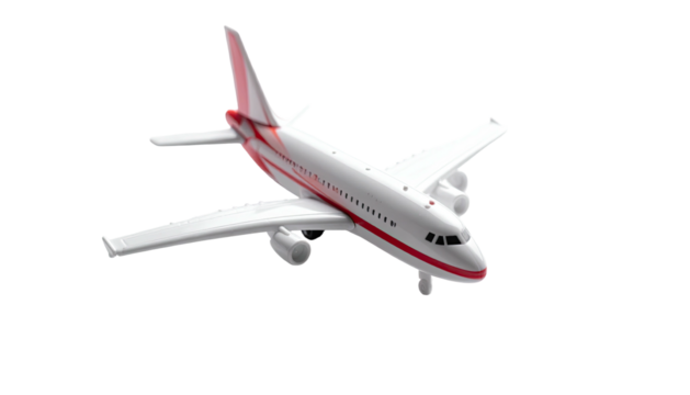 A pristine white passenger jet, accented with bold red stripes along its fuselage and tail, is presented in a three-quarter view against a black background