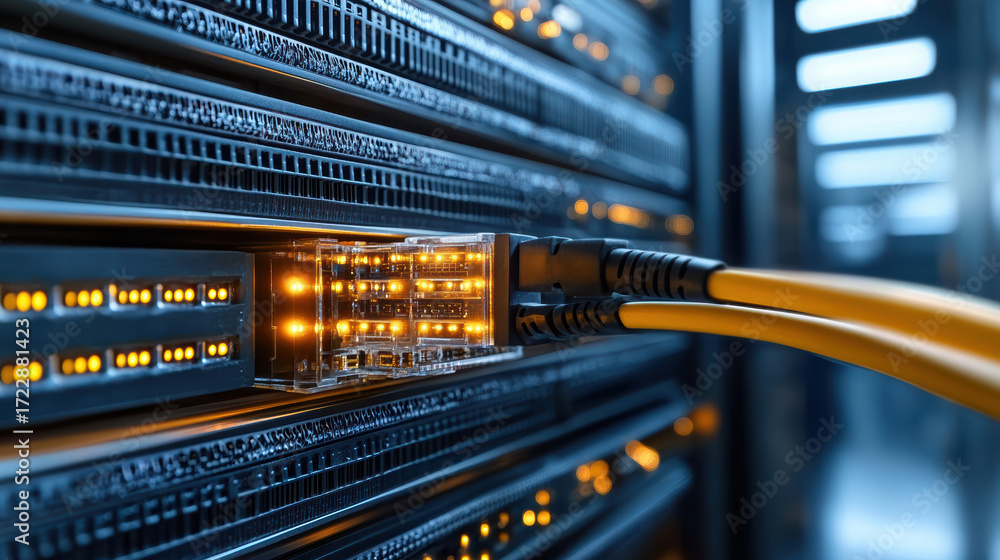 Poster high tech network cables connect to server, glowing indicators show data activity