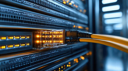 High tech network cables connect to server, glowing indicators show data activity