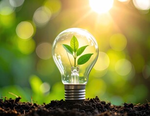 A lightbulb filled with a small green plant sits on soil, bathed in warm sunlight against a blurred green backdrop, creating a hopeful scene