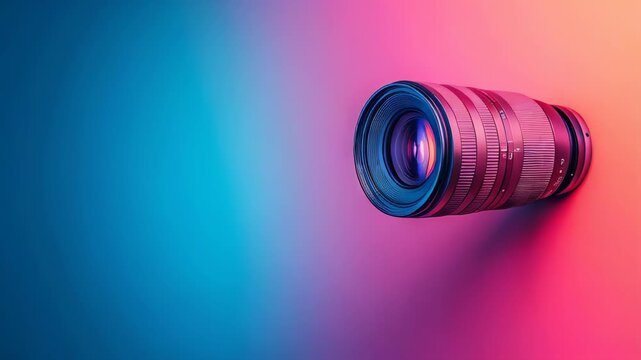 A vibrant lens mounted on a wall against a colorful gradient backdrop, showcasing modern design and technology—perfect for photography lovers and creative projects, capturing the essence of innovation