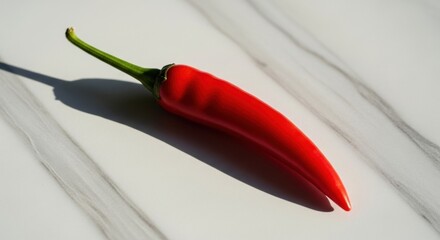 Fresh Red Chili Pepper on White Marble Surface with Shadow