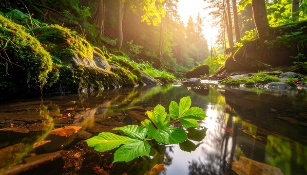 Sunlit forest stream reflects lush greenery - Powered by Adobe