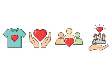 Vector art of a set of colorful charity and donation icons, representing support, love, community, and giving back in a modern and minimalist style