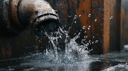 Vibrant water splashing from rusty industrial pipe, creating dynamic abstract art with detailed textures