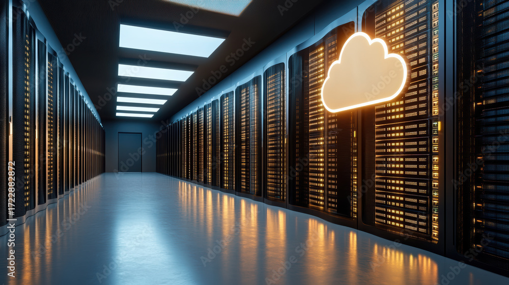 Poster modern data center with illuminated servers and glowing cloud symbol, representing cloud
