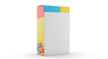 Cereal box mockup isolated on white background with colorful loop design, ideal for showcasing breakfast cereal packaging and branding in a clean presentation