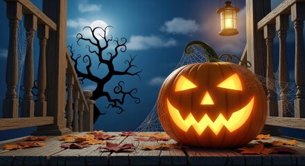Obraz premium Spooky glowing jack-o'-lantern on porch with autumn leaves under moonlight on Halloween night