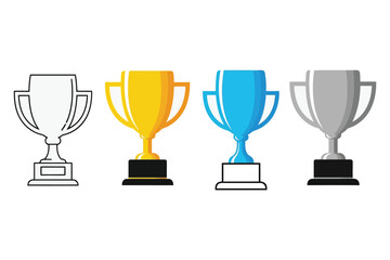 Vector art of a set of four vector trophy icons, each rendered in a different style outline, gold, blue, and silver, symbolizing achievement and victory in various competitions