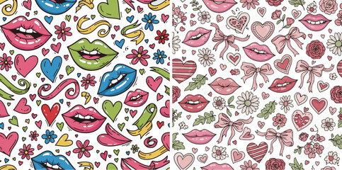 Naklejka premium Seamless Patterns with Vibrant Pop Art and Delicate Romantic Elements