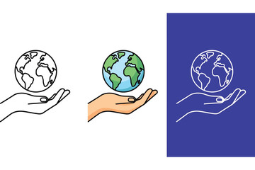 Vector art of a set of three vector illustrations showing a hand holding the earth, each in a different style outline, color, and blue background, symbolizing environmental care and global awareness