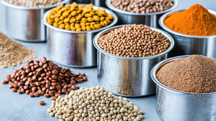 Obraz premium Healthy and nutritious spices and seeds in metal containers, showcasing vibrant colors and textures, perfect for culinary use