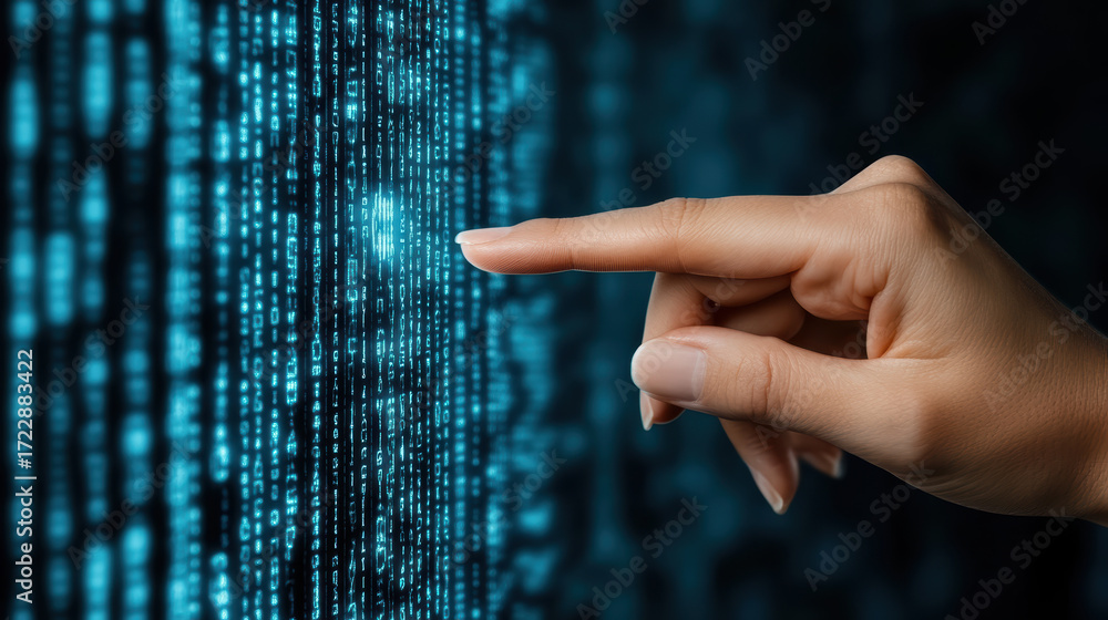 Poster hand touching digital interface displaying binary code, symbolizing technology and innovation
