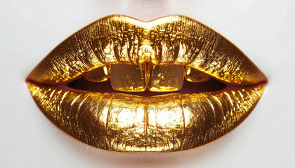 Lips with golden teeth, striking and modern abstract composition.