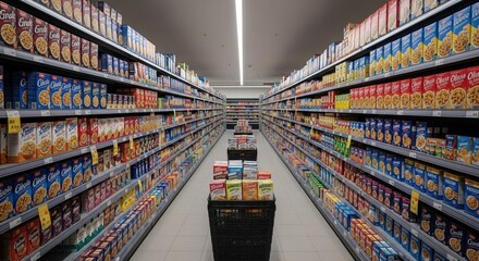 Aisle in Grocery Store with Cereal Boxes on Shelves