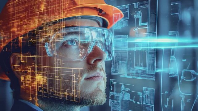 Visionary Engineer in Safety Gear: A forward-thinking engineer wearing a protective helmet and safety glasses gazes intently at intricate technical blueprints, illuminated with vibrant light.