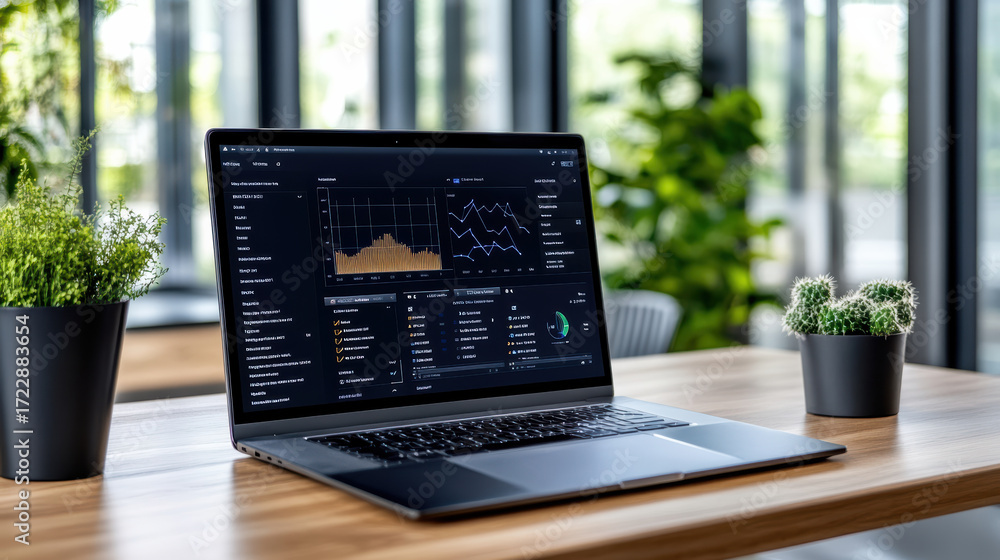 Aufkleber modern laptop displaying data analytics on dark user interface, surrounded by plants