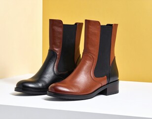 Two leather ankle boots, black and brown, on a white surface against a yellow backdrop