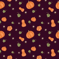 seamless pattern of pumpkins, leaves and candles on a burgundy background