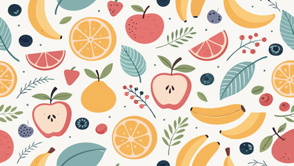 Colorful Whimsical Fruit Pattern Featuring Apples Bananas and Citrus Slices