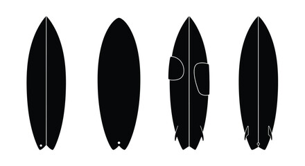 Four black surfboard silhouettes isolated on representing different views and designs vector