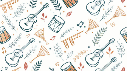 Whimsical Musical Instruments and Botanical Elements Pattern Design