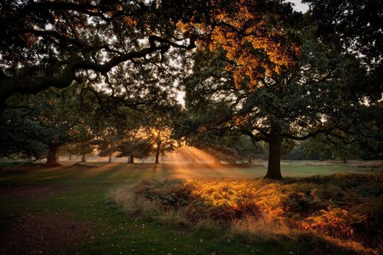 Golden sunlight streams through autumn trees - Powered by Adobe