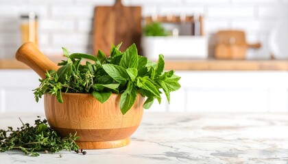 Fresh herbs in wooden mortar and pestle on countertop