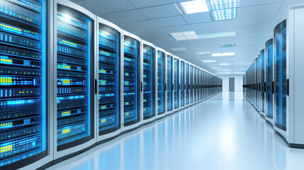 High tech server room with modern rack servers, illuminated by blue lights, showcasing advanced