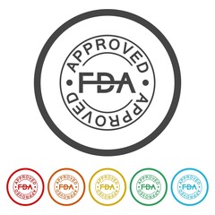 Food and Drug Administration FDA approved icon. Set icons in color circle buttons