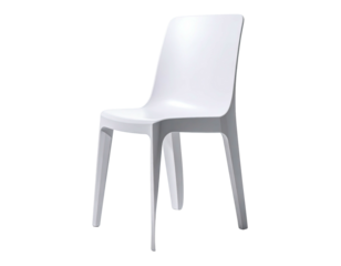 A simple, white plastic chair with a curved back and slightly splayed legs; modern, minimalist design
