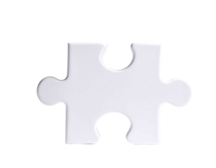 A single, off-white, 3D-rendered jigsaw puzzle piece, set against a black background.  The piece has a subtle, glossy sheen