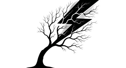 Striking minimalist image of a silhouette tree intertwined with abstract lightning bolts graphic