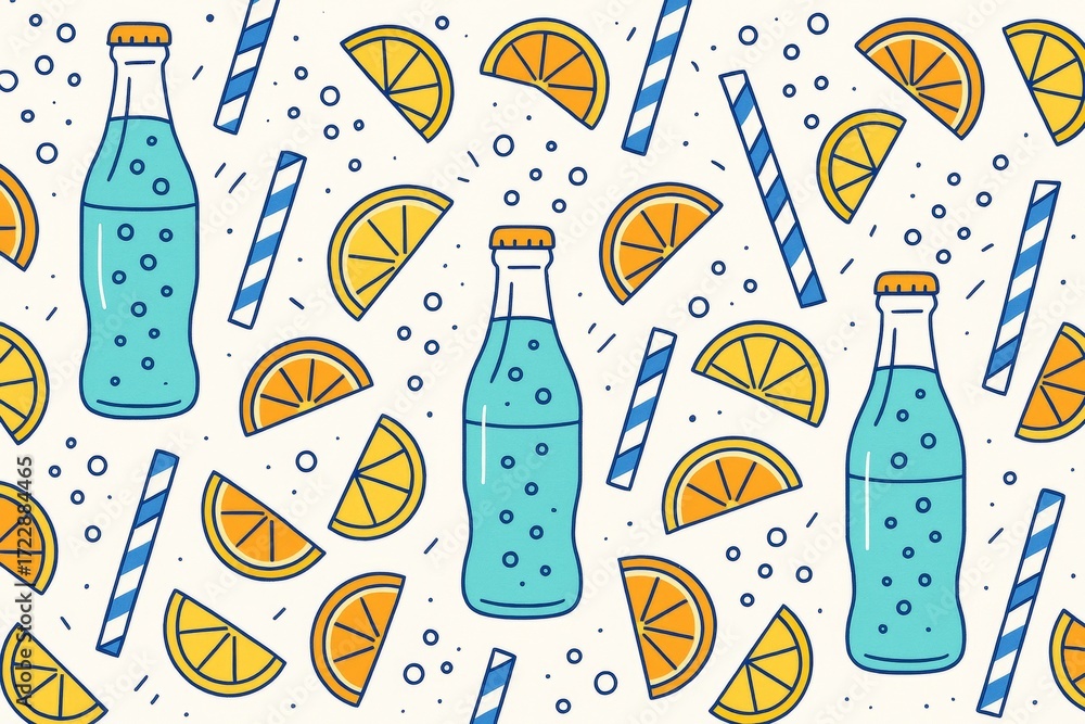 Poster seamless pattern of soda bottles, citrus slices, and straws in bold outline style on light backgroun
