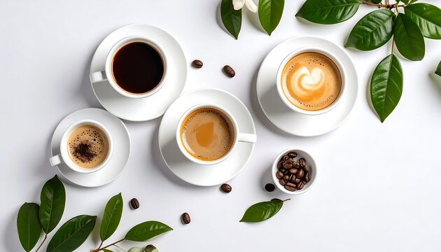 Four coffee cups, latte art, and coffee beans