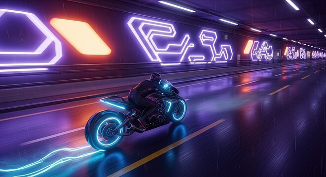 Futuristic Neon Motorcycle Racing Through Rainy Tunnel