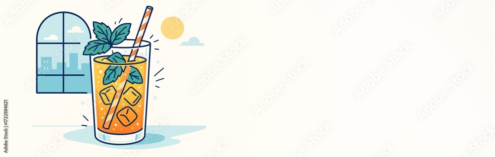 Poster summer drink with ice cubes and mint leaves near window on light background with copyspace for desig