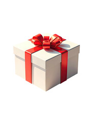 Fototapeta premium A pristine white square gift box, adorned with a vibrant red ribbon tied in a classic bow, sits against a stark black background, illuminated by a subtle light source