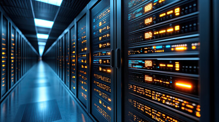 High tech server room with illuminated racks and blinking LEDs creating futuristic atmosphere
