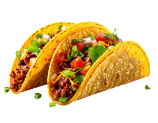 Two crispy corn tortillas filled with seasoned ground beef, shredded cheese, diced tomatoes, onions, and cilantro