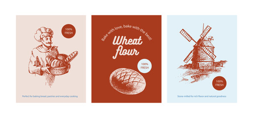 Hand drawn bakery banner set Vintage bread, baker and mill sketch vector illustrations © pim