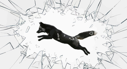 Surreal depiction of a fox leaping through a shattered plane representing overcoming barriers