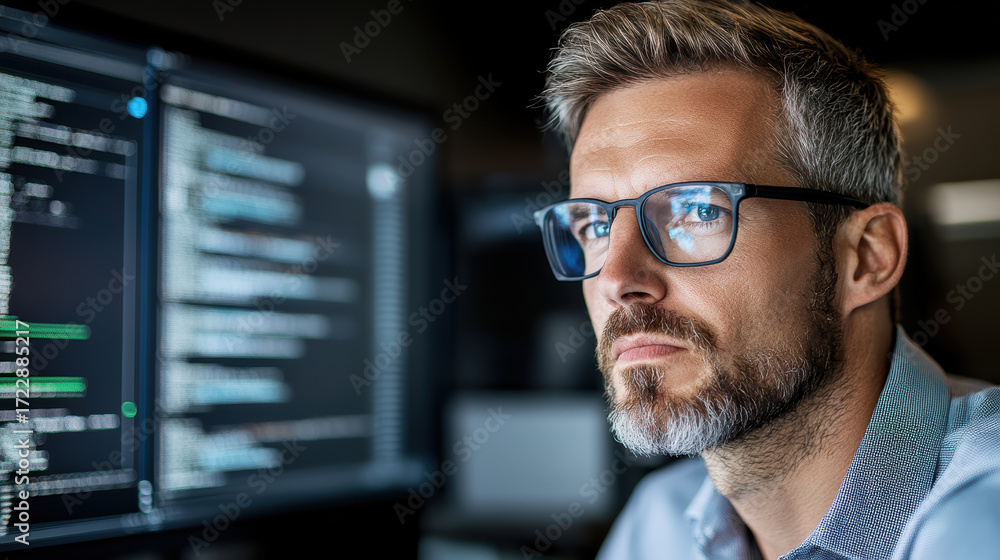 Poster focused analyst reviewing code on computer screen, showcasing concentration and expertise