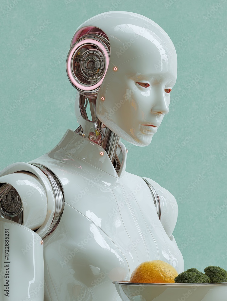 Poster 3d rendering of a humanoid robot with a bowl of food in front of it.