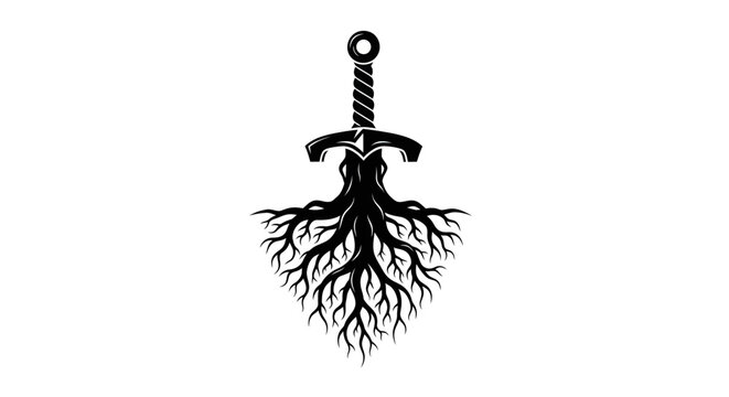 Sword entwined with roots symbolizing strength foundation and heritage connection