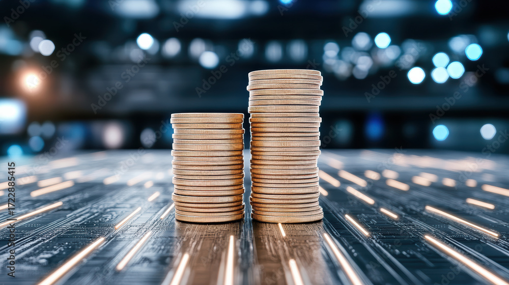 Poster stacks of digital coins on circuit board with glowing lights create futuristic atmosphere