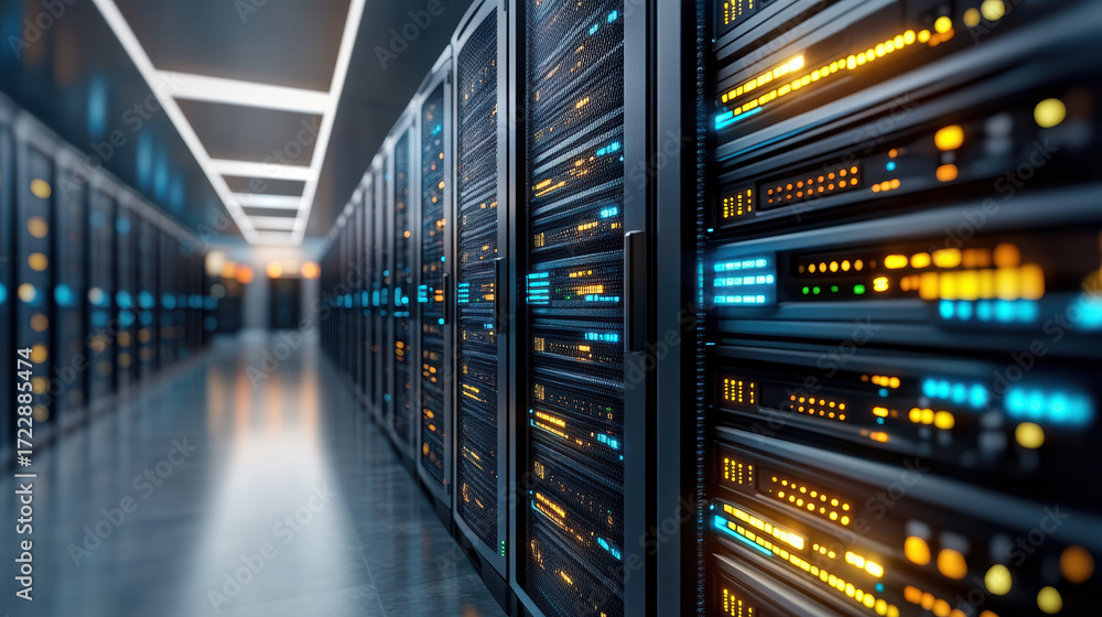 Poster high tech server room with illuminated racks, showcasing advanced data storage technology