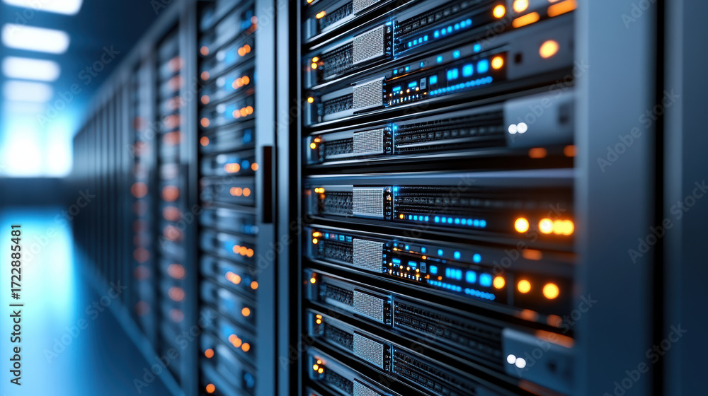Poster high tech server nodes with layered security and vibrant led indicators create secure data