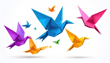 Colorful origami birds in flight against white background